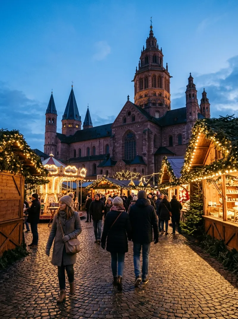Marché de Noël illuminé devant la cathédrale Saint-Martin de Mayence le soir